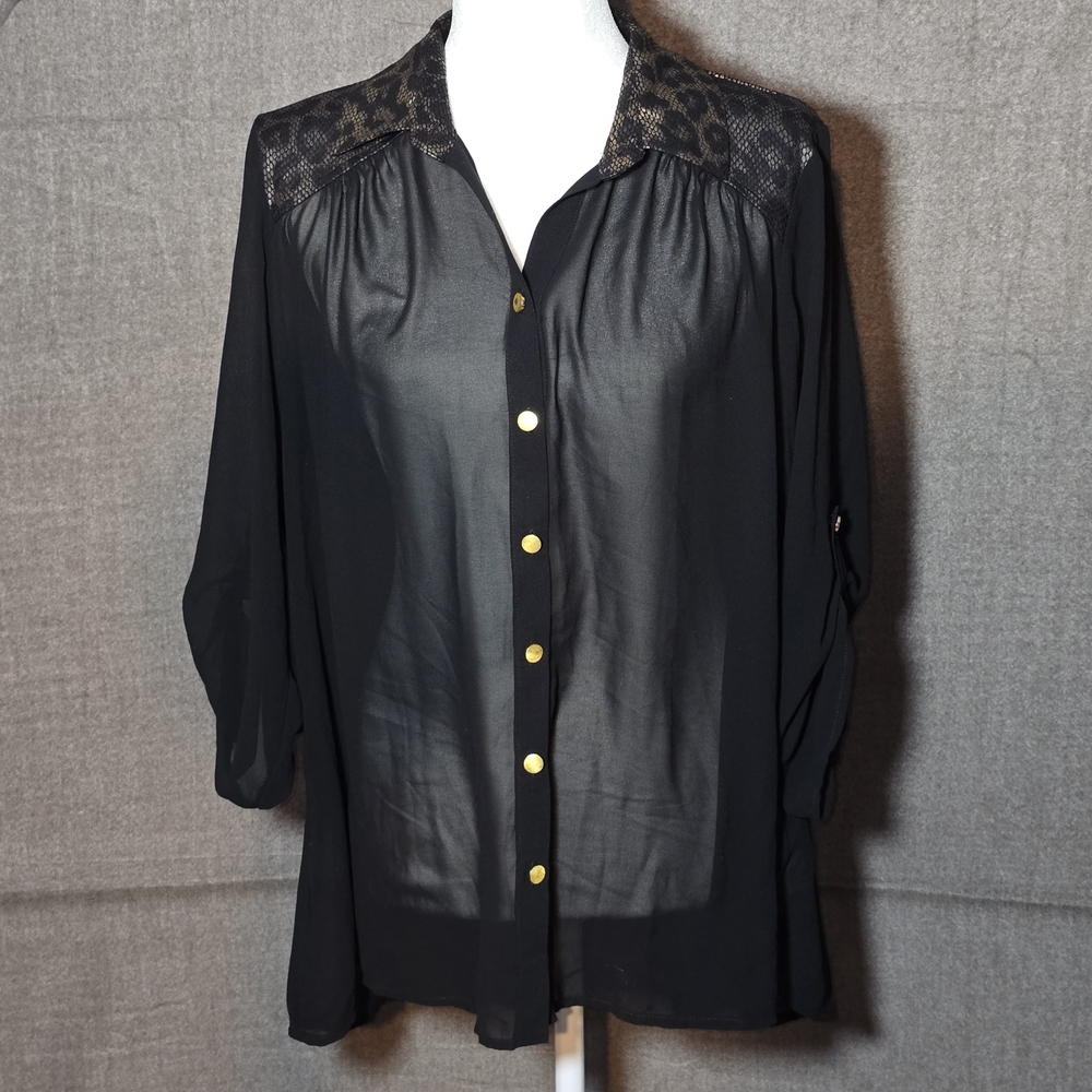 HeartSoul Black Sheer Blouse Gold Button Down Leopard Print Design Polyester 1X
